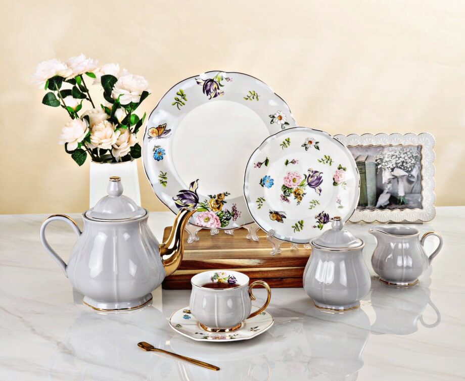 Grey Victorian Floral Tea set