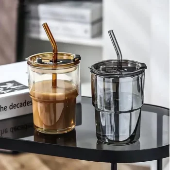 Premium Glass Tumbler with Leather Sleeve & Straw – 450ml Leak-Proof Iced Coffee Mug